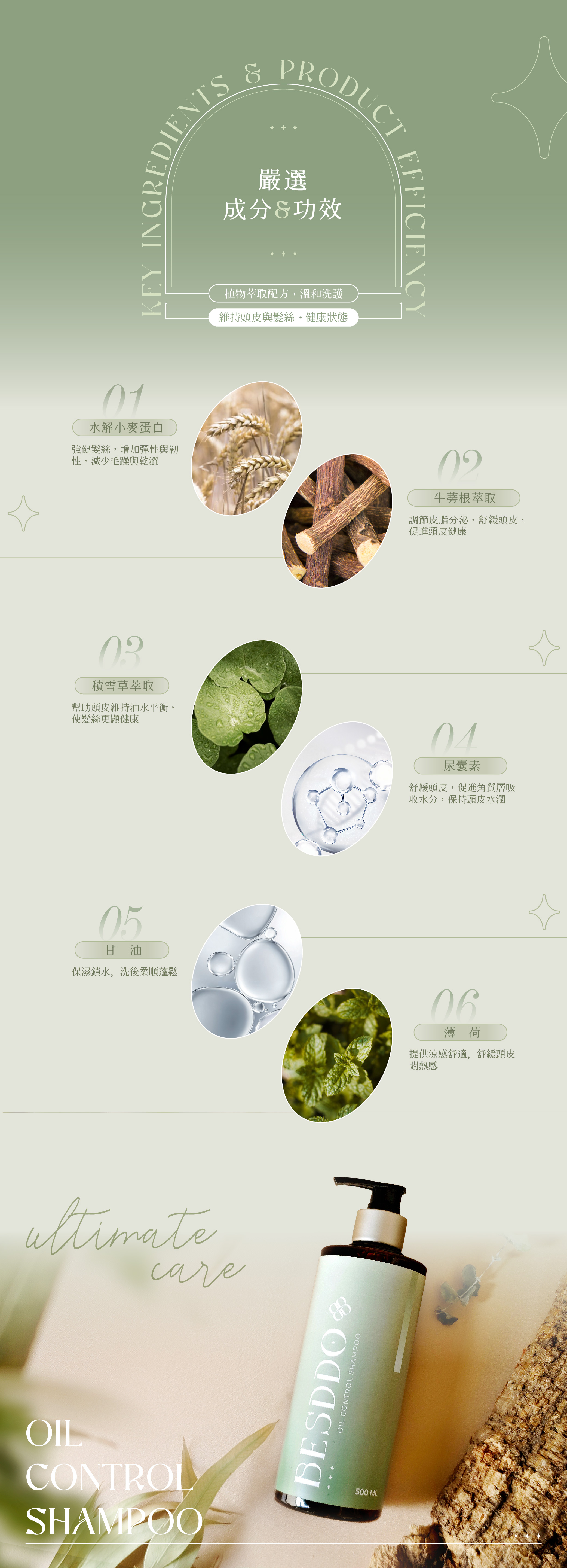 KEYPRODUCT嚴選成分功效植物配方溫和洗護維持頭皮與髮絲健康狀態EFFICIENCY01水解小麥蛋白強健髮絲,增加彈性與韌性,減少毛躁與乾澀積雪草萃取幫助頭皮維持油水平衡,使髮絲更顯健康05甘油保濕鎖水,洗後柔順蓬鬆careOILCONTROLSHAMPOOBESDDOOIL CONTROL SHAMPOO500 ML牛蒡根萃取調節皮脂分泌,舒緩頭皮,促進頭皮健康04尿囊素舒緩頭皮,促進角質層吸收水分,保持頭皮水潤06薄荷提供涼感舒適,舒緩頭皮悶熱感
