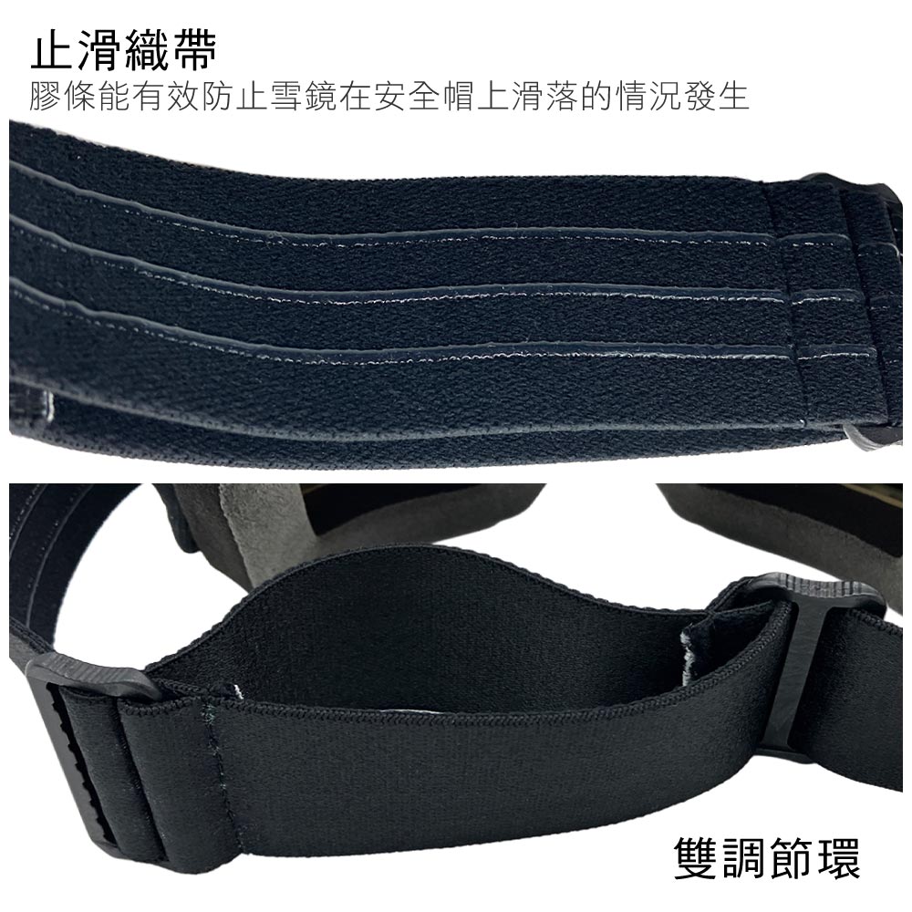 止滑織帶膠條能有效防止雪鏡在安全帽上滑落的情況發生雙調節環