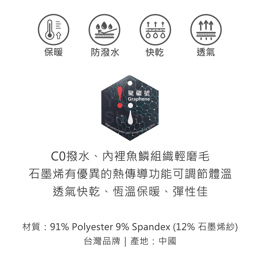000保暖防潑水快乾透氣驚碳號GrapheneHigh-performance  presented by  Shin撥水、內裡魚鱗組織輕磨毛石墨烯有優異的熱傳導功能可調節體溫透氣快乾、恆溫保暖、彈性佳材質:91% Polyester 9% Spandex (12% 石墨烯紗)台灣品牌 | 產地:中國