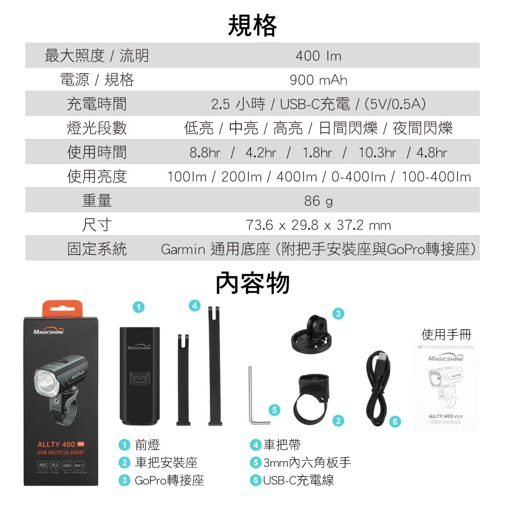 最大照度流明電源/規格規格400 900 Ah充電時間燈光段數2.5 小時 / USB-C充電/(5V/0.5A)低 / 中亮 / 高亮 / 日間閃爍 / 夜間閃爍使用時間8.8hr/4.2hr / 1.8hr / 10.3hr/4.8hr使用亮度重量100lm / 200lm//0-400lm/100-400lm86 g尺寸固定系統73.6 x 29.8 x 37.2 mmGarmin 通用底座(附把手安裝座與GoPro轉接座)容物MAGICSHINEMAGICSHINALLTY 400 mUSB BICYCLE LIGHT400  前燈 車把安裝座 GoPro轉接座車把帶63mm內六角板手GUSB-C充電線使用手冊MAGICSHINE6ALLTY 400 V2.0USER MANUAL