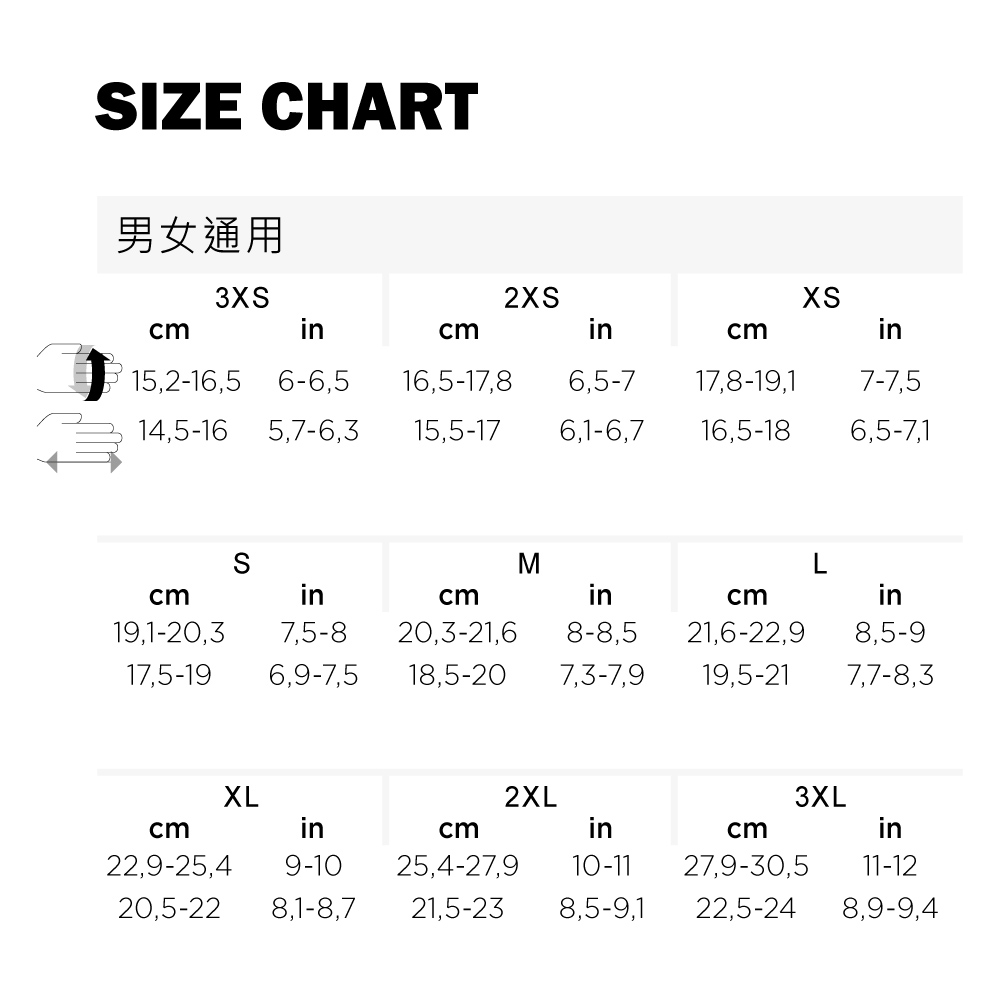IZE CHART男女通用32XSXSincmincmin15,2-16,5 6-6,5 16,5-17,86,5-717,8-19,17-7,514,5-165,7-6,3 15,5-176,1-6,716,5-186,5-7,1cmSMincmcminin8-8,5 21,6-22,9 8,5-919,5-21 7,7-8,319,1-20,37,5-8 20,3-21,617,5-196,9-7,5 18,5-20 7,3-7,9XL2XL3XLcmincmincmin22,9-25,420,5-22 8,1-8,7 21,5-23 8,5-9,19-10 25,4-27,910-1127,9-30,511-1222,5-24 8,9-9,4