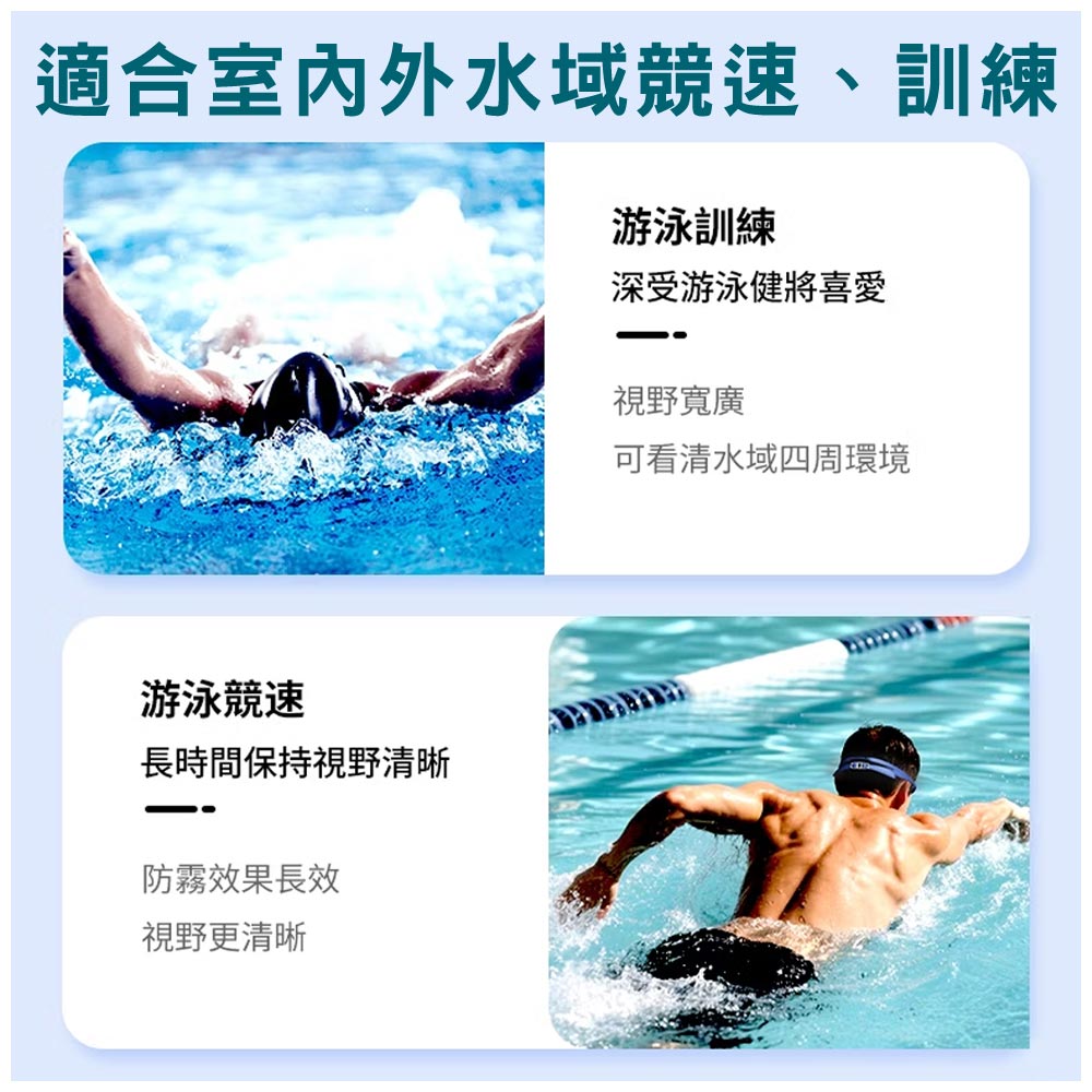 適合室內外水域競速、訓練游泳訓練深受游泳健將喜愛視野寬廣可看清水域四周環境游泳競速長時間保持視野清晰防霧效果長效視野更清晰