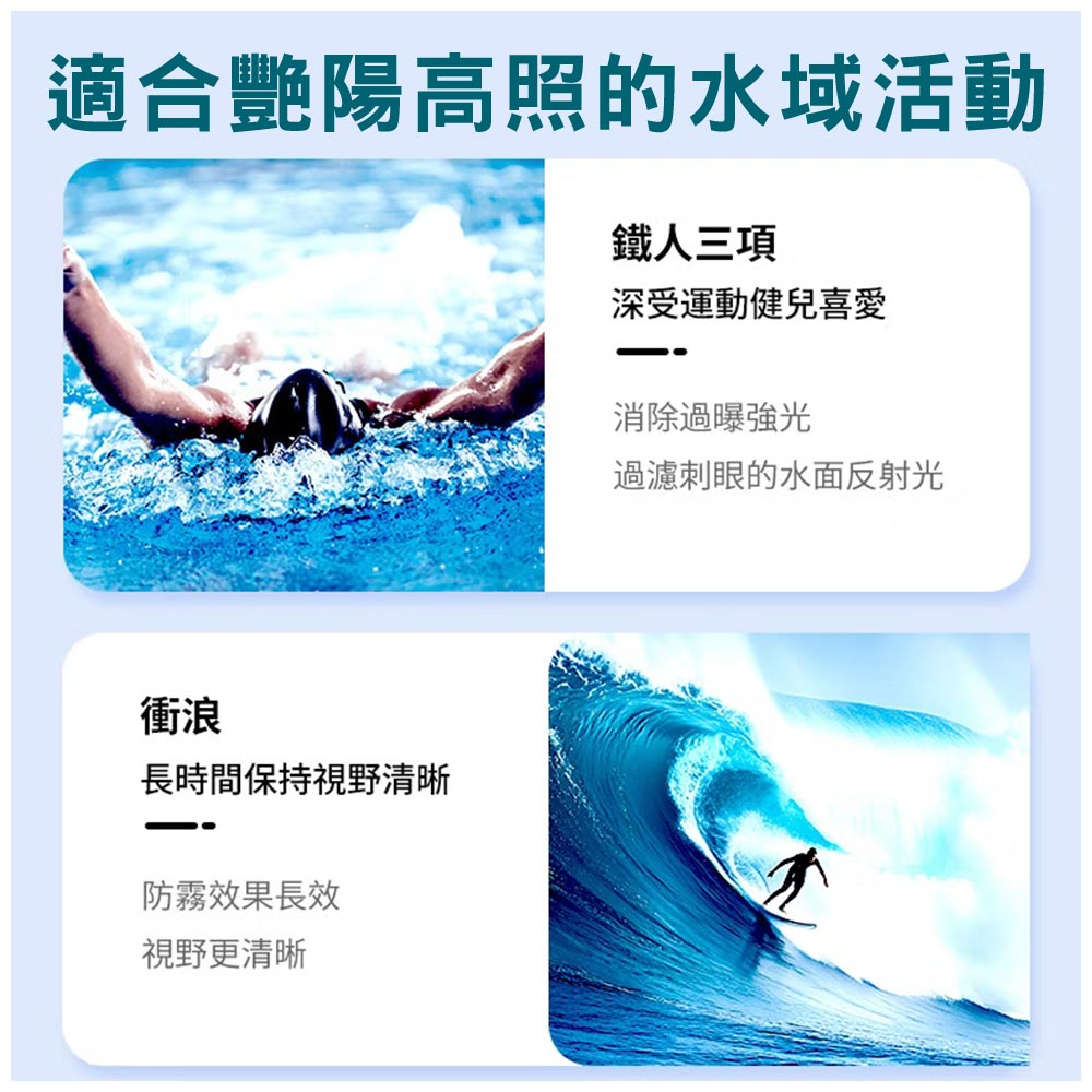 適合艷陽高照的水域活動鐵人三項深受運動健兒喜愛消除過曝強光過濾刺眼的水面反射光衝浪長時間保持視野清晰防霧效果長效視野更清晰