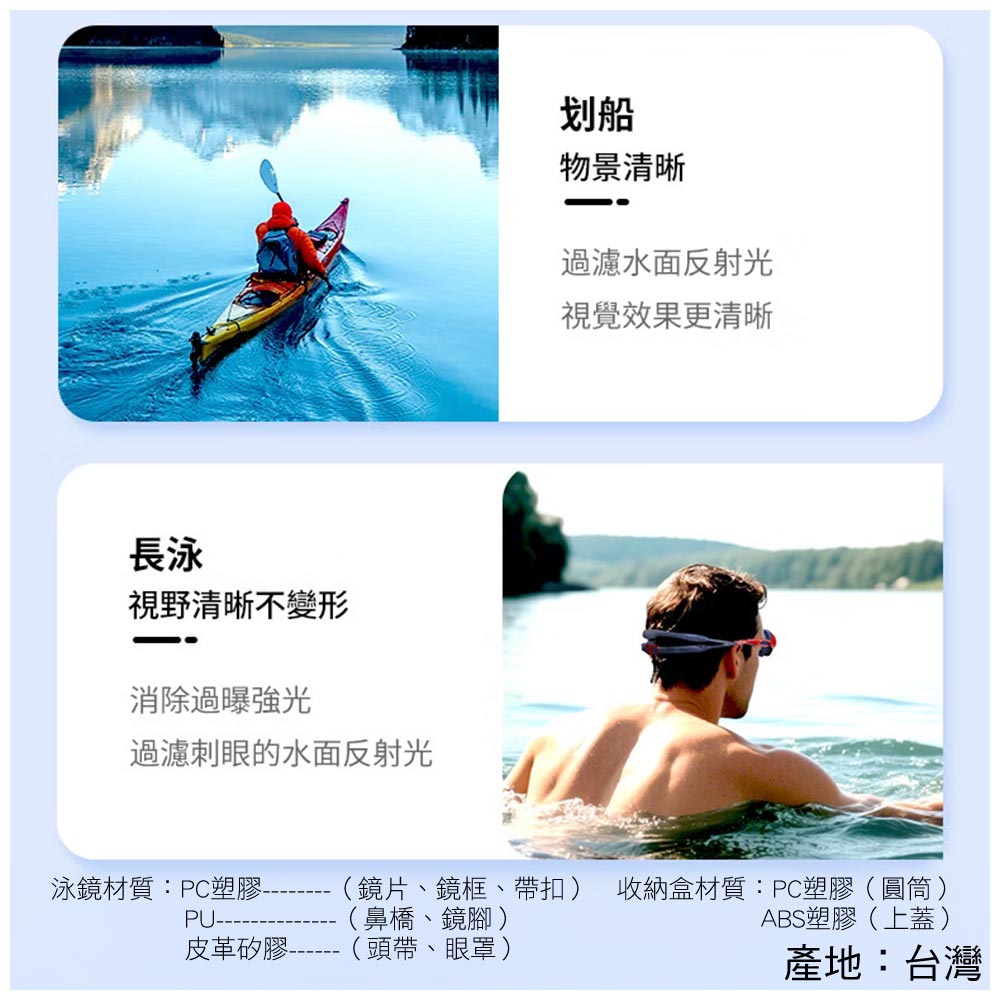 長泳視野清晰不變形消除過曝強光過濾刺眼的水面反射光划船物景清晰過濾水面反射光視覺效果更清晰泳鏡材質:PC塑膠-PU-(鏡片、鏡框、帶扣) 收納盒材質:PC塑膠(圓筒)(鼻橋、鏡腳)ABS塑膠(上蓋)皮革矽膠-(頭帶、眼罩)產地:台灣
