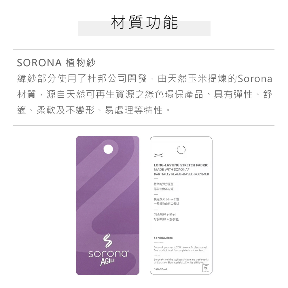 材質功能SORONA 植物紗緯紗部分使用了杜邦公司開發,由天然玉米提煉的Sorona材質,源自天然可再生資源之綠色環保產品。具有彈性、舒適、柔軟及不變形、易處理等特性。LONG-LASTING STRETCH FABRICMADE WITH SORONA®PARTIALLY PLANT-BASED POLYMER持久的弹力保型部分生物基来源-快適なストレッチ性一部植物由来の素材지속적인 신축성부분적인 식물원료comsoronaAGILE polymer is 37% renewable plant-basedSee product label for complete fabric content.Sorona® and the stylized S-logo are trademarksof Covation Biomaterials LLC or its affiliates.SAG-02-AP
