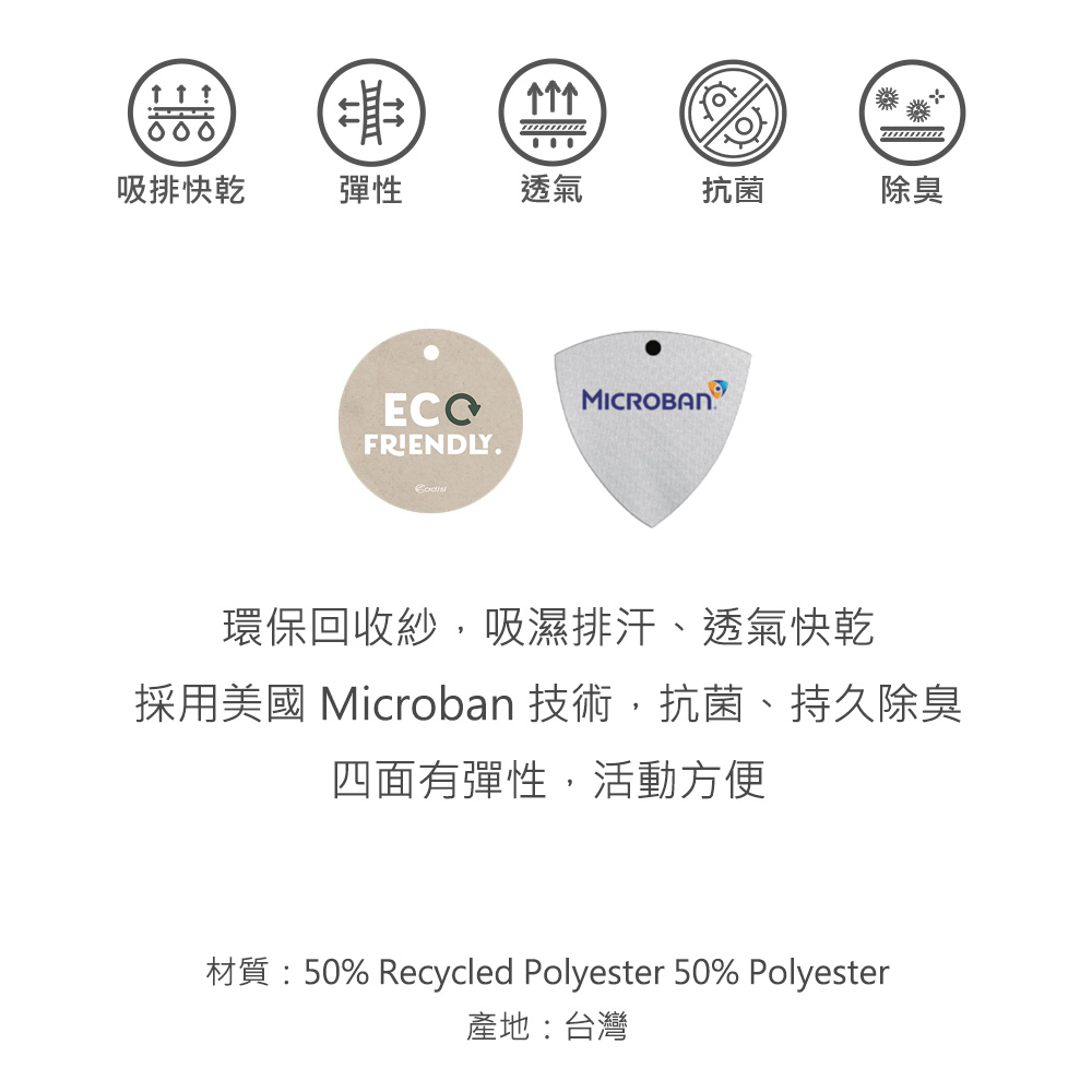↑↑↑↑吸排快乾彈性透氣抗菌除臭ⓇFRIENDLY環保回收紗,吸濕排汗、透氣快乾採用美國 Microban 技術,抗菌、持久除臭四面有彈性,活動方便材質:50% Recycled Polyester 50% Polyester產地:台灣