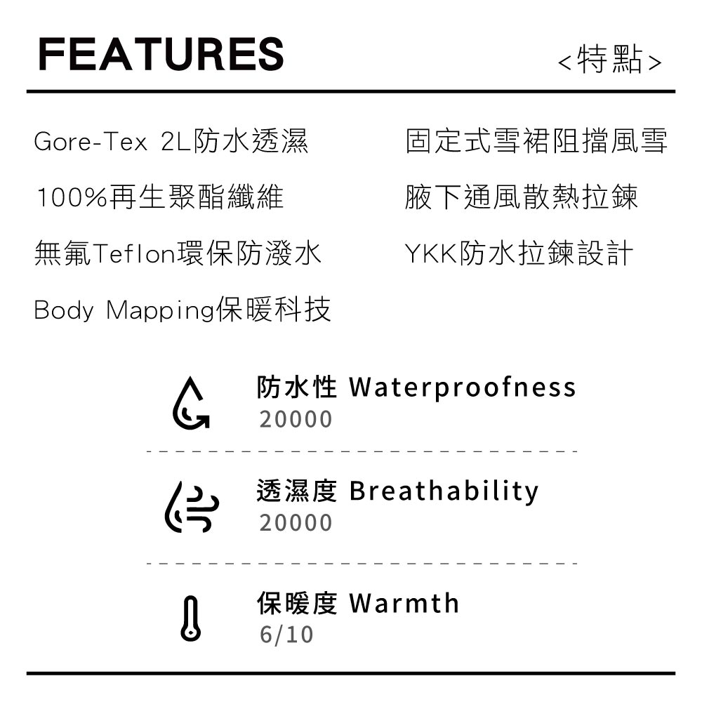 FEATURESore-Tex 2L防水透濕100%再生聚酯纖維無氟Teflon環保防潑水Body Mapping保暖科技特點固定式雪阻擋風雪腋下通風散熱拉鍊YKK防水拉鍊設計G防水性 Waterproofness20000透濕度 Breathability20000保暖度 Warmth6/10
