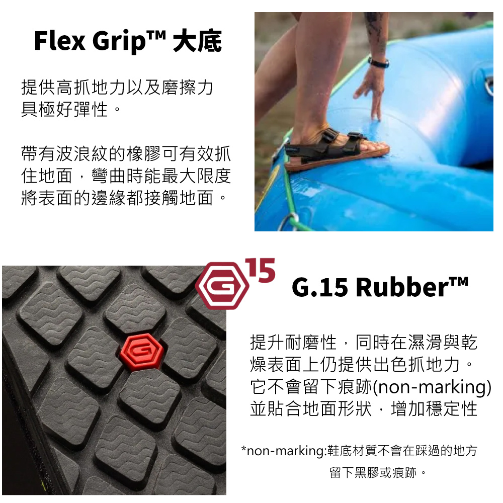 Flex Grip 大底提供高抓地力以及磨擦力極好彈性。帶有波浪紋的橡膠可有效抓住地面,彎曲時能最大限度將表面的邊緣都接觸地面。15G.15 Rubber™提升耐磨性,同時在濕滑與乾燥表面上仍提供出色抓地力。它不會留下痕跡(non-marking)並貼合地面形狀,增加穩定性*non-marking:鞋底材質不會在踩過的地方留下黑膠或痕跡。