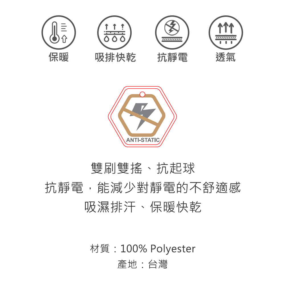 保暖吸排快乾 抗靜電透氣ANTI-STATIC雙刷雙搖、抗起球抗靜電,能減少對靜電的不舒適感吸濕排汗、保暖快乾材質:100% Polyester產地:台灣