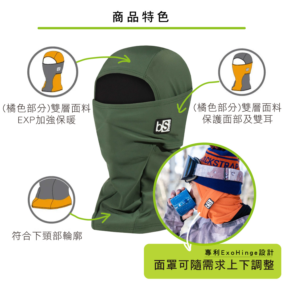 (橘色部分)雙層面料EXP加強保暖商品特色(橘色部分)雙層面料保護面部及雙耳符合下頸部輪廓專利ExoHinge設計面罩可隨需求上下調整