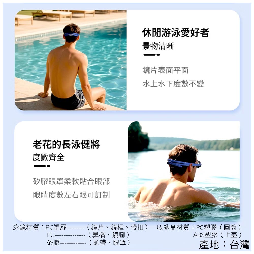老花的長泳健將度數齊全矽膠眼罩柔軟貼合眼部眼睛度數左右眼可訂制休閒游泳愛好者景物清晰鏡片表面平面水上水下度數不變泳鏡材質:PC塑膠PU-(鏡片、鏡框、帶扣) 收納盒材質:PC塑膠(圓筒)(鼻橋、鏡腳)ABS塑膠(上蓋)矽膠-(頭帶、眼罩)產地:台灣