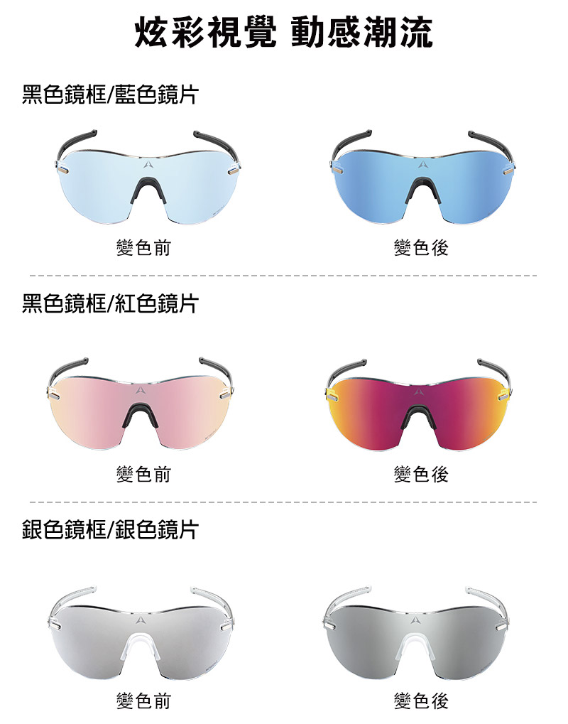 炫彩視覺 動感潮流黑色鏡框藍色鏡片變色前變色後黑色鏡框/紅色鏡片變色前銀色鏡框/銀色鏡片變色後變色前變色後
