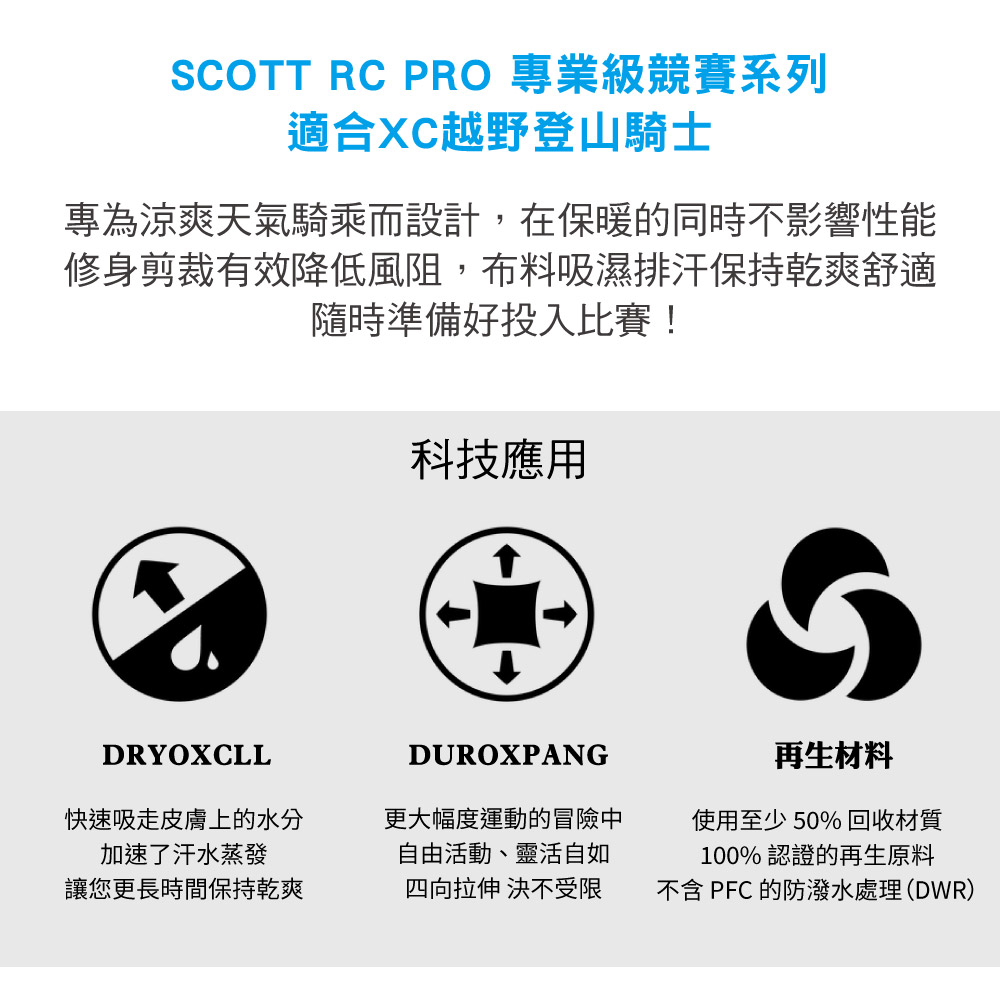 SCOTT RC PRO 專業級競賽系列適合XC越野登山騎士專為涼爽天氣騎乘而設計,在保暖的同时不影響性能修身剪裁有效降低風阻,布料吸濕排汗保持乾爽舒適隨時準備好投入比賽!科技應用DRYOXCLLDUROXPANG快速吸走皮膚上的水分加速了汗水蒸發讓您更長時間保持乾爽更大幅度運動的冒險中自由活動、靈活自如四向拉伸 決不受限再生材料使用至少50% 回收材質100% 認證的再生原料不含 PFC 的防潑水處理(DWR)