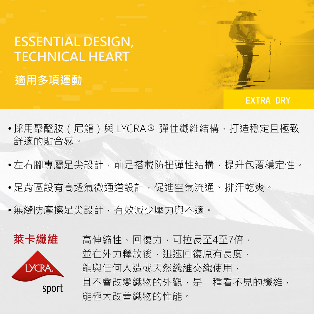 ESSENTIAL DESIGNTECHNICAL HEART適用多項運動EXTRA DRY採用聚醯胺(尼龍) 與 LYCRA® 彈性纖維結構,打造穩定且極致舒適的貼合感。左右腳專屬足尖設計,前足搭載防扭彈性結構,提升包覆穩定性。區設有高透氣微通道設計,促進空氣流通、排汗乾爽。無縫防摩擦足尖設計,有效減少壓力與不適。萊卡纖維高伸縮性、回復力,可拉長至4至7倍,LYCRAsport並在外力釋放後,迅速回復原有長度,能與任何人造或天然纖維交織使用,且不會改變織物的外觀,是一種看不見的纖維,能極大改善織物的性能。