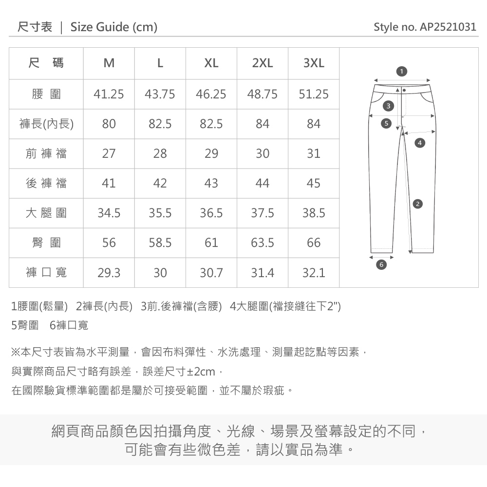 尺寸表 | Size Guide (cm)尺碼MXL2XL3XL圍41.25 43.7546.2548.7551.25褲長(內長)8082.582.58484前褲2728293031後褲襠4142434445大腿圍34.535.536.537.538.5臀圍5658.56163.566褲口寬 29.33030.731.432.1Style no. AP25210311腰圍(鬆量) 2褲長(內長) 3前.後褲襠(含腰) 4大腿圍(襠接縫往下2)5臀圍 6褲口寬※本尺寸表皆為水平測量,會因布料彈性、水洗處理、測量起訖點等因素,與實際商品尺寸略有誤差,誤差尺寸±2cm,在國際驗貨標準範圍都是屬於可接受範圍,並不屬於瑕疵。網頁商品顏色因拍攝角度、光線、場景及螢幕設定的不同,可能會有些微色差,請以實品為準。