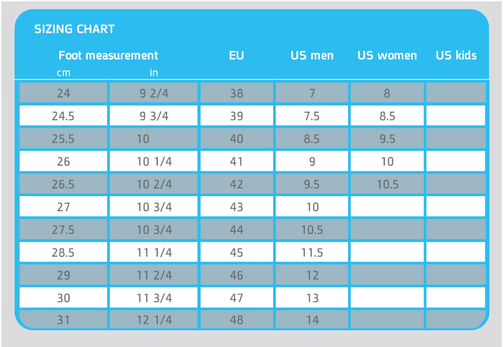 SIZING CHARTFoot measurementEUUS menUS womenUS kidsin249 2/4387824.59 3/4397.58.525.510408.59.52610 1/44191026.510 2/4429.510.52710 3/4431027.510 3/44410.528.511 1/44511.52911 2/446123011 3/447133112 1/44814