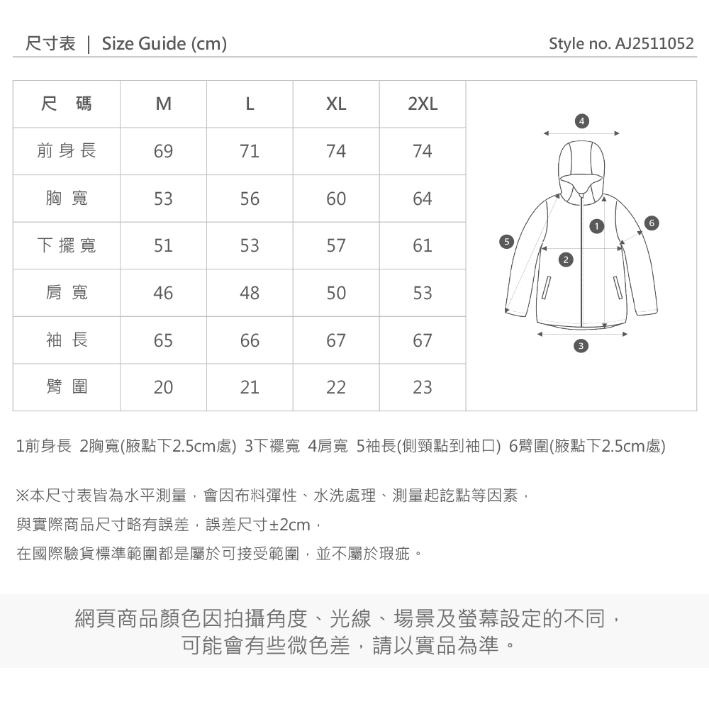 尺寸表 | Size Guide (cm)尺碼MLXL2XL前身長69717474胸 53566064下擺寬515361肩寬46485053袖 長6557臂圍2066212223676720Style no. AJ25110521前身長 2胸寬(腋點下2.5cm處) 3下襬寬 4肩寬 5袖長(側頸點到袖口) 6臂圍(腋點下2.5cm處)※本尺寸表皆為水平測量會因布料彈性、水洗處理、測量起訖點等因素,與實際商品尺寸略有誤差,誤差尺寸±2cm,在國際驗貨標準範圍都是屬於可接受範圍,並不屬於瑕疵。網頁商品顏色因拍攝角度、光線、場景及螢幕設定的不同,可能會有些微色差,請以實品為準。