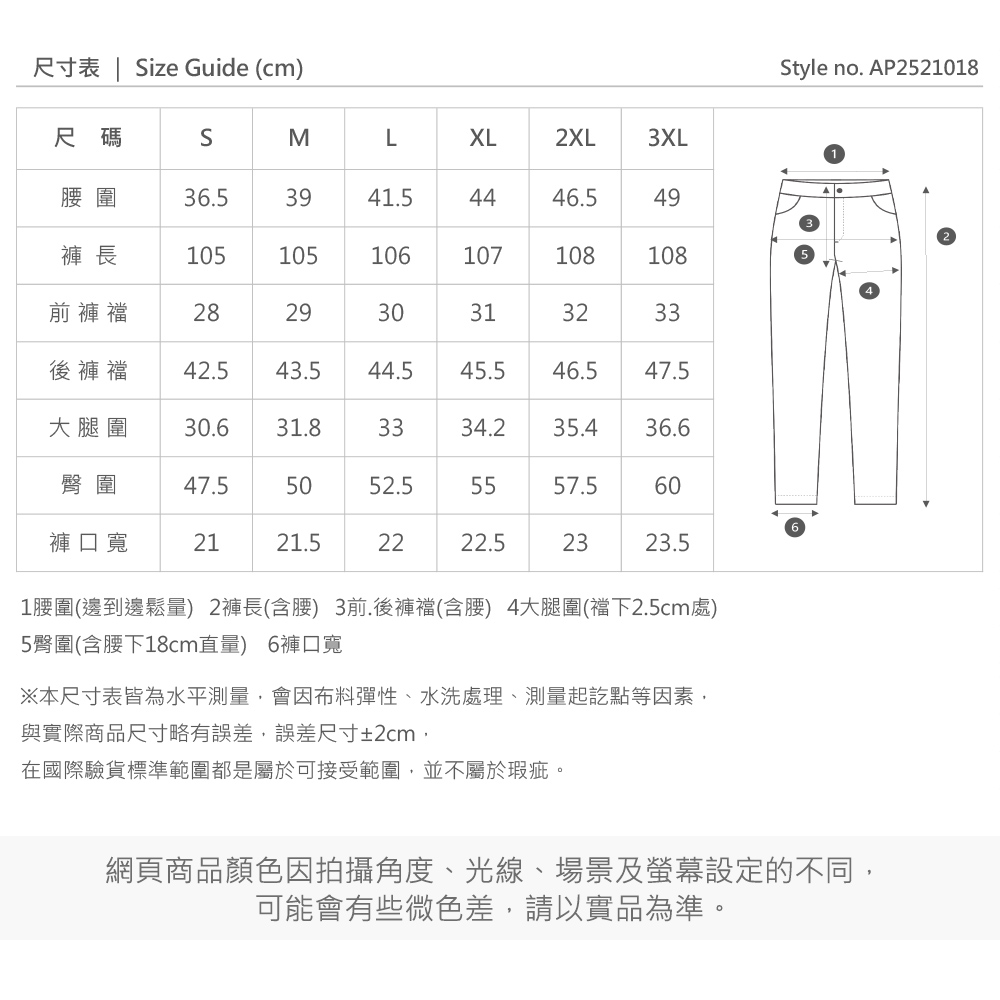 尺寸表 | ize Guide (cm)尺碼SML圍36.53941.5XL2XL3XL4446.549褲 長105105106107108108前褲襠282930313233後褲襠42.543.544.545.546.547.5大腿圍30.631.83334.235.436.6臀圍47.55052.55557.560褲口寬2121.52222.52323.51圍(邊到邊鬆量) 2褲長(含腰) 3前.後褲襠(含腰) 4大腿圍(襠下2.5cm處)5臀圍(含腰下18cm直量) 6褲口寬※本尺寸表皆為水平測量會因布料彈性、水洗處理、測量起訖點等因素,與實際商品尺寸略有誤差,誤差尺寸±2cm,在國際驗貨標準範圍都是屬於可接受範圍,並不屬於瑕疵網頁商品顏色因拍攝角度、光線、場景及螢幕設定的不同,可能會有些微色差,請以實品為準。Style no. AP2521018。