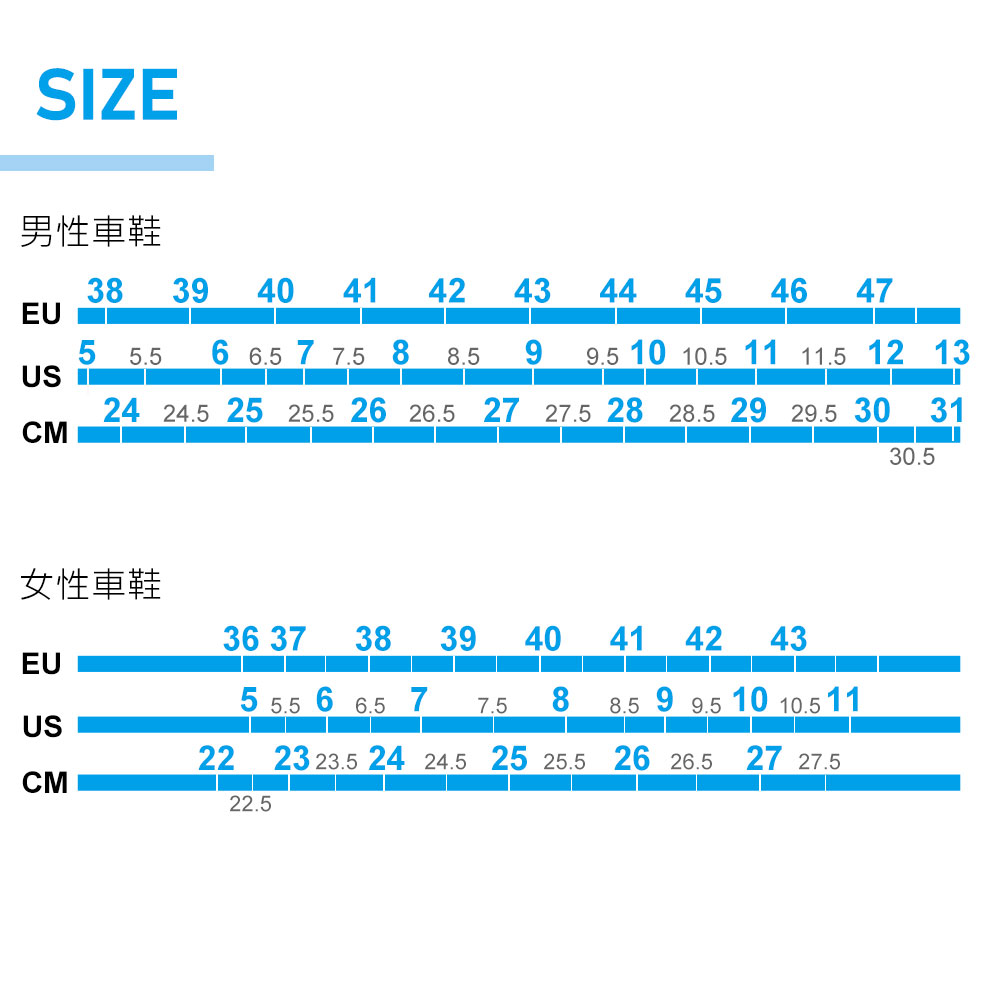 SZE男性車鞋38 39 40 41424344 45 46 47EU5  6  7  88.599.5 10 10.5 11 11.5 12 13US I24 24.5 25 25.5 26 26.5 27 27.5 28 28.5 29 29.5 30 31CM女性車鞋36 37 38 39 4041 42 43EU5 5.5 6 6.5 77.5 88.5 9 9.510 10.5 11US22 23 23.5 24 24.5 25 25.5 26 26.527 27.5CM22.530.5