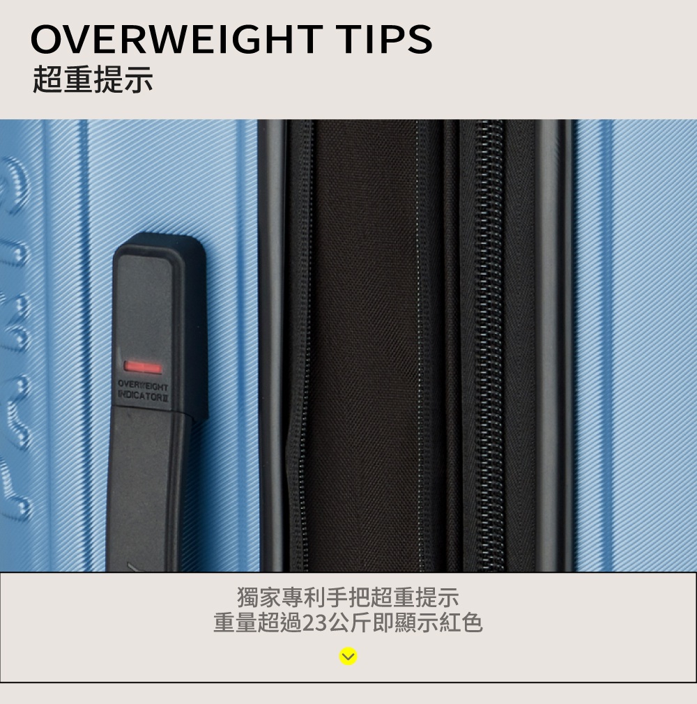 TIPS超重提示OVERWEIGHTINDICATOR獨家專利手把超重提示重量超過23公斤即顯示紅色