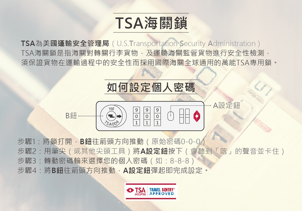 TSA海關鎖TSA為美國運輸安全管理局(U.S.Transportation Security AdministrationTSA海關鎖是指海關對轉關行李貨物及運輸海關監管貨物進行安全性檢測須保證貨物在運輸過程中的安全性而採用國際海關全球通用的萬能TSA專用鎖。如何設定個人密碼A設定YIF99 9B 01 1步驟1將鎖打開B往箭頭方向推動(原始密碼-)步驟2:用筆尖(或其他尖頭工具)將A設定鈕按下(會聽到「喀」的聲音並卡住)步驟3:轉動密碼輪來選擇您的個人密碼(如:8-8-8)步驟4:將B鈕往箭頭方向推動A設定鈕彈起即完成設定。TSA TRAVEL SENTRYACCEPTEDAPPROVED