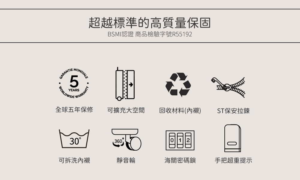超越標準的高質量保固BSMI認證 商品檢驗字號R55192GARANTIE5YEARSWORLDWIDEWARRANTY全球五年保修 可擴充大空間回收材料()ST保安拉鍊30360可拆洗內襯靜音輪海關密碼鎖手把超重提示