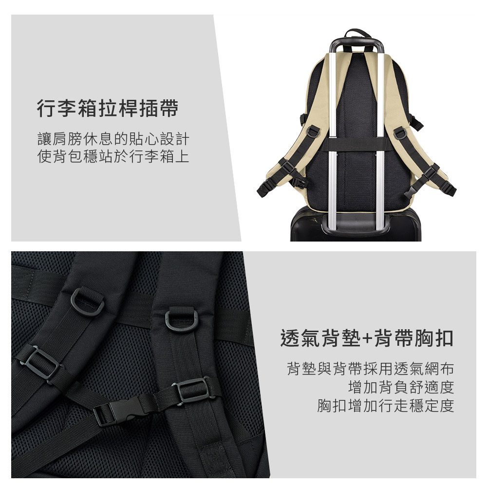行李箱拉桿帶讓肩膀休息的貼心設計使背包穩站於行李箱上透氣背墊+背帶胸扣背墊與背帶採用透氣網布增加背負舒適度胸扣增加行走穩定度