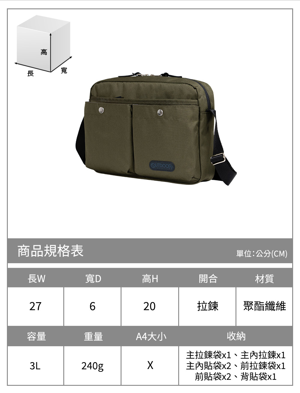 高寬商品規格表單位:公分(CM)長寬D高H開合材質27620拉鍊聚酯纖維容量重量A4大小收納3L240g主拉鍊袋、主內拉鍊x1主內貼袋x2、前拉鍊袋x1前貼袋x2、背貼袋x1