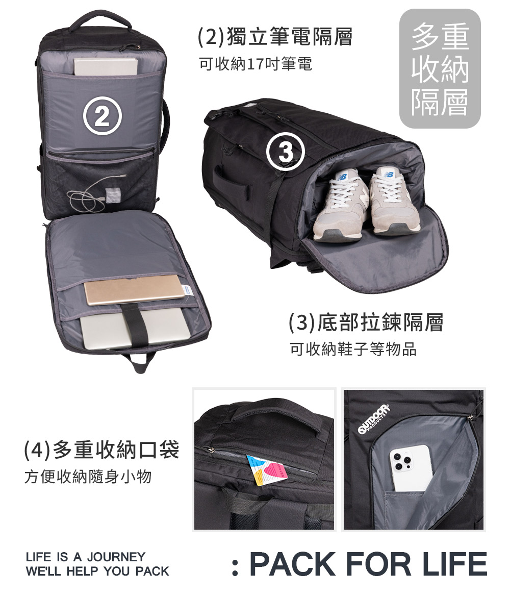 (2)獨立筆電隔層多重可收納17吋筆電收納23隔層(4)多重收納口袋方便收納隨身小物(3)底部拉鍊隔層可收納鞋子等物品LIFE IS A JOURNEYWELL HELP YOU PACK: PACK FOR LIFE