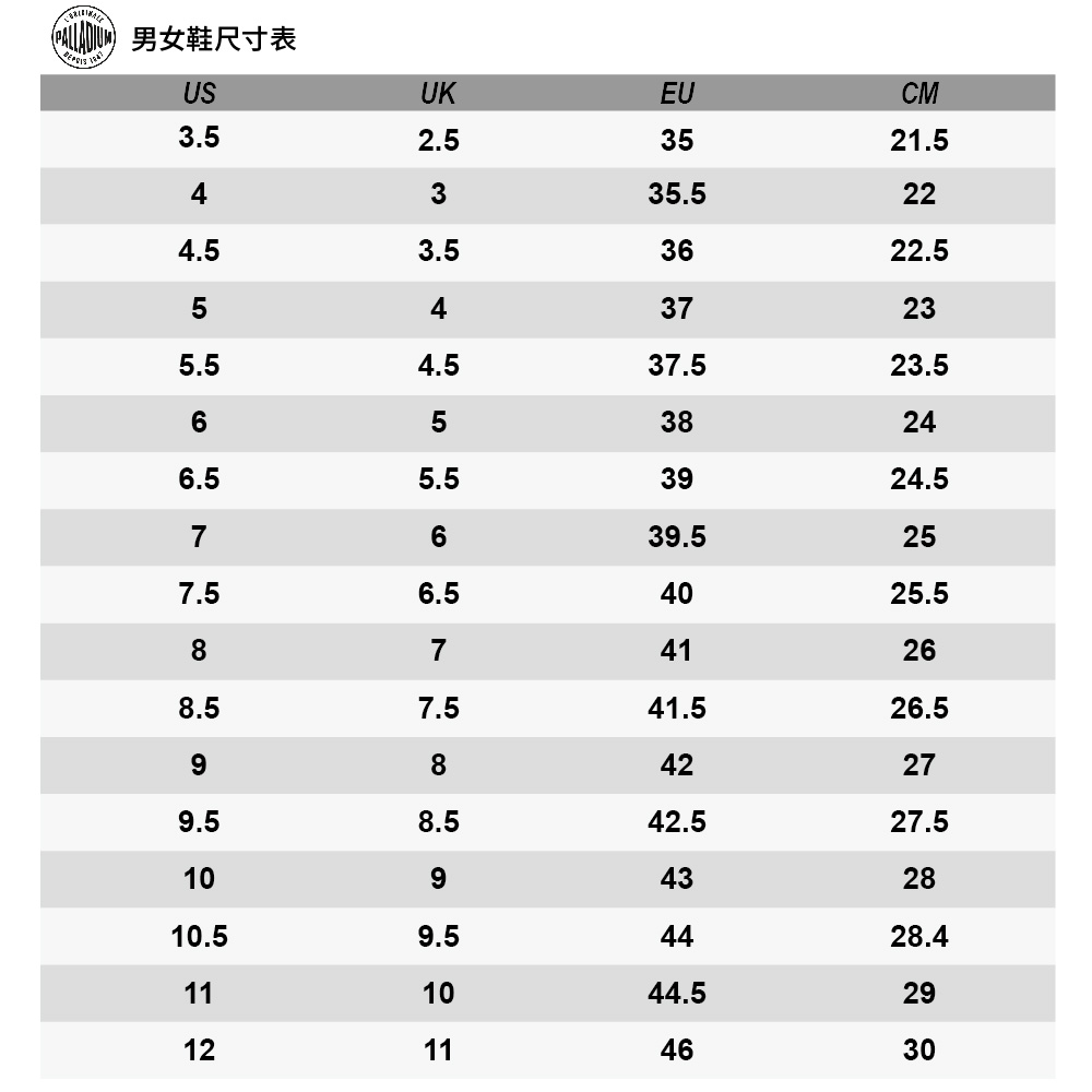 (男女鞋尺寸表US3.5UKEUCM2.53521.5335.5224.53.53622.55437235.54.537.523.56538246.55.53924.57639.5257.56.54025.58741268.57.541.526.59842279.58.542.527.5109432810.59.54428.4111044.52912114630