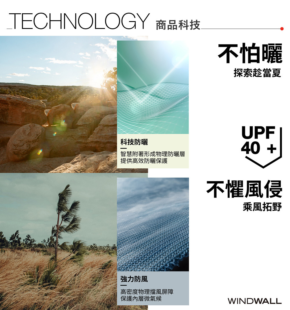 TECHNOLOGY 商品科技不怕曬探索趁當科技防曬智慧附著形成物理防曬層提供高效防曬保護強力防風高密度物理擋風屏障保護內層微氣候UPF40 +不懼風侵乘風拓野WINDWALL