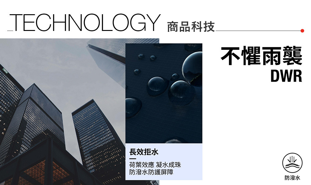 TECHNOLOGY 商品科技不懼雨襲DWR長效拒水荷葉效應 凝水成珠防潑水防護屏障防潑水