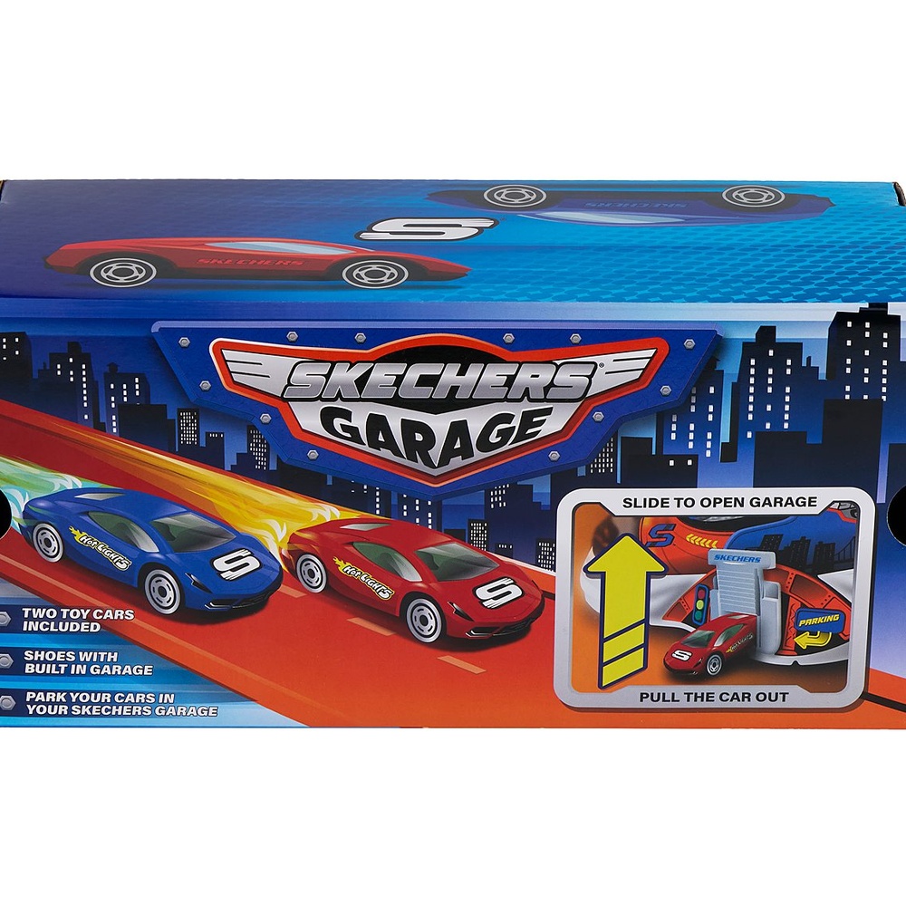 SKECHERSGARAGESLIDE TO OPEN GARAGE S TWO TOY CARSINCLUDEDSHOES WITHBUILT IN GARAGEPARK YOUR CARS INYOUR SKECHERS GARAGESKECHERSPULL THE CAR OUTPARKING