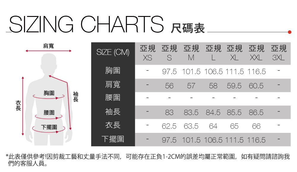 IZING CHARTS 尺碼表肩寬SIZE (CM)亞規 亞規 亞規 亞規 亞規 亞規 亞規 S M L   3XL胸圍97.5 101.5 106.5 111.5 116.5肩寬5657 58 59.5 60.5胸圍腰圍腰圍下擺圍袖長衣長下擺圍83.5 84.5 85.5 86.562.5 63.5 64 65 6697.5 101.5 106.5 111.5 116.5*此表僅供參考因剪裁工藝和丈量手法不同,可能存在正負1-2CM的誤差均屬正常範圍,如有疑問請諮詢我們的客服人員。83!