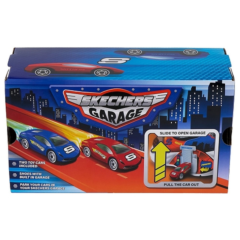 TWO TOY CARINCLUDEDSHOES WITHBUILT IN GARAGEPARK YOUR CARS INYOUR SKECHERS GARAGESSKECHERSGARAGESLIDE TO OPEN GARAGEPULL THE CAR OUT