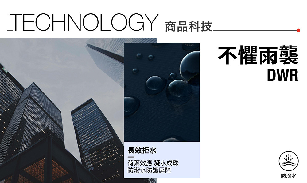 TECHNOLOGY 商品科技不懼雨襲DWR長效拒水荷葉效應 凝水成珠防潑水防護屏障防潑水