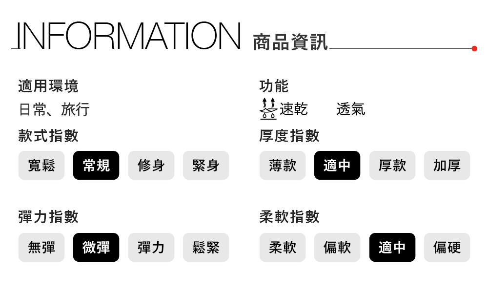 INFORMATION 商品資訊適用環境功能日常、旅行 速乾透氣款式指數厚度指數寬鬆 常規修身緊身薄款適中厚款加厚彈力指數柔軟指數無彈 微彈彈力鬆緊柔軟偏軟適中偏硬