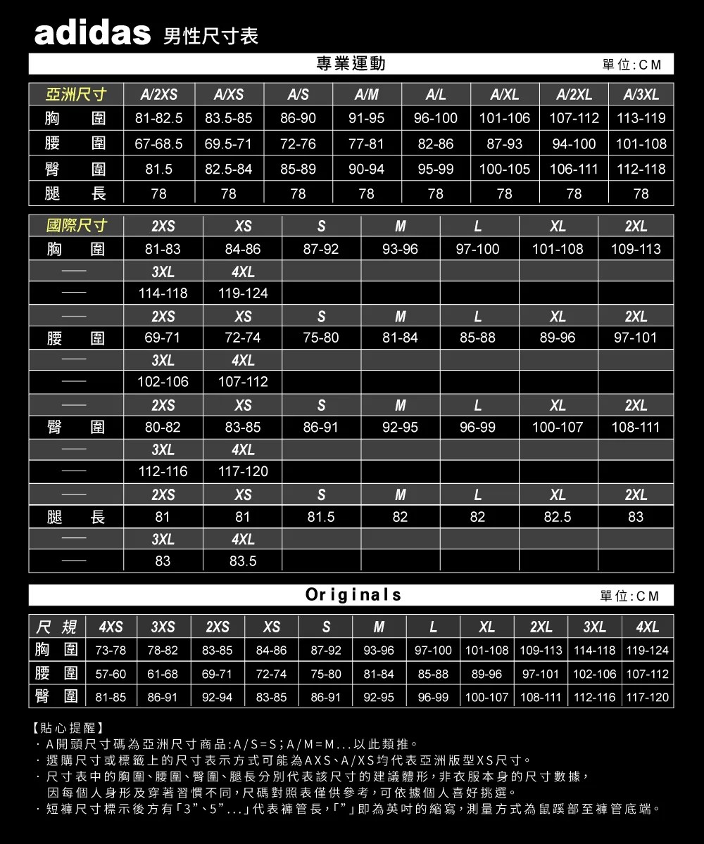adidas 男性尺表專業運動單位:CM寸亞亞洲尺寸 A2A/XA/A/M81-82.5 83.5-8586-9091-9567-68.5 69.5-7172-7677-8182-86A/L96-100 101-10687-93A/XLA/2XLA/3XL107-112113-11994-100 101-108圍81.582.5-8485-8990-9495-99 100-105106-111 112-118長 7878787878787878國際尺寸2XXMLXL2XL圍81-8384-8687-9293-9697-100101-108109-1133XL4XL114-118119-1242XSSMLXL2XL圍69-7172-7475-8081-8485-8889-9697-1013XL4XL102-106107-1122XSXSSMLXL2XL臀圍80-8283-8586-9192-9596-99100-107108-1113XL4XL112-116117-1202XSXSSMLXL2XL腿 長818181.5828282.5833XL4XL8383.5Originals單位:CM尺規 4XS3XS2XSXSSM胸圍 73-78 78-8283-85 84-8687-92腰圍臀圍 81-8557-6061-68 69-71 72-74 75-8086-91 92-94 83-8593-9681-84 85-88L97-100XL2XL3XL 4XL101-108 109-113 114-118 119-12489-96 97-101102-106 107-11286-91 92-9596-99 100-107 108-111112-116 117-120【貼心提醒】/SS A/MM選購尺寸或標籤上的尺寸表示方式可能為AXSA/XS均代表亞洲版型XS尺寸。尺寸表中的胸圍、腰圍、臀圍、腿長分別代表該尺寸的建議體形,非衣服本身的尺寸數據,因每個人身形及穿著習慣不同,尺碼對照表僅供參考,可依據個人喜好挑選。·短褲尺寸標示後方有3”、5”代表褲管長,「即為英吋的縮寫,測量方式為鼠蹊部至褲管底端。
