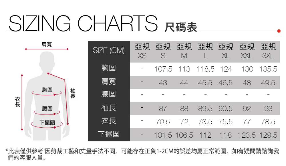 SIZING CHARTS 尺碼表肩寬SIZE (CM) S亞規 亞規 亞規 亞規 亞規 亞規 亞規M L   3XL胸圍107.5 113 118.5 124130 135.5胸圍肩寬腰圍434445.5 46.548 49.5腰圍袖長87衣長70.5下擺圍 89.5 90.592 9373.5 75.577 78.5101.5 106.5 112 118 123.5 129.5*此表僅供參考!因剪裁工藝和丈量手法不同,可能存在正負1-2CM的誤差均屬正常範圍,如有疑問請諮詢我們的客服人員。下擺圍