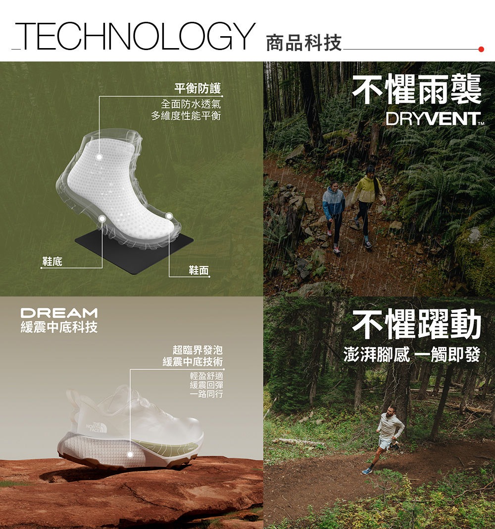 TECHNOLOGY 商品科技平衡防護全面防水透氣多維度性能平衡不懼雨襲DRYVENT鞋底鞋面DREAM緩震中底科技超臨界發泡緩震中底技術輕盈舒適緩震回彈一路同行不懼躍動澎湃腳感 一觸即發