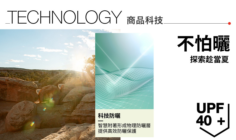 TECHNOLOGY 商品科技不怕曬探索趁當夏科技防曬智慧附著形成物理防曬層提供高效防曬保護UPF40
