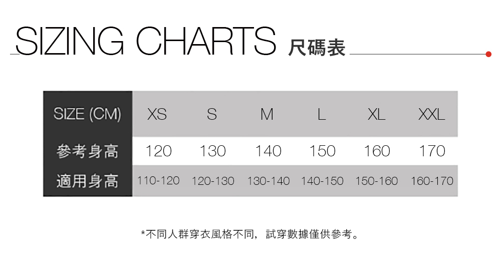 IZING CHATS RSIZE (CM)SMLXLXXL參考身高 120130140150 160 170適用身高 110-120 120-130 130-140 140-150 150-160 160-170*不同人群穿衣風格不同,試穿數據僅供參考。