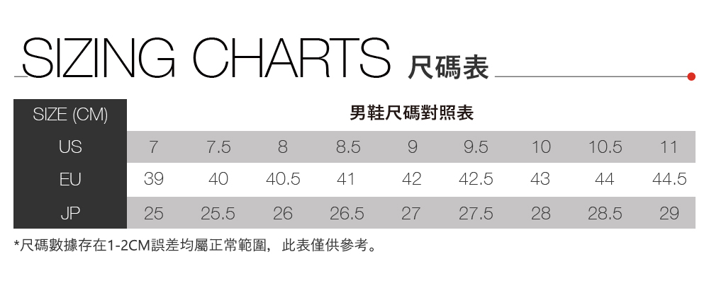 SIZING CHATS RSIZE (CM)男鞋尺碼對照表US788.599.51010.511EU394040.5414242.5434444.5JP2525.526 26.52727.52828.529*尺碼數據存在1-2CM誤差均屬正常範圍,此表僅供參考。