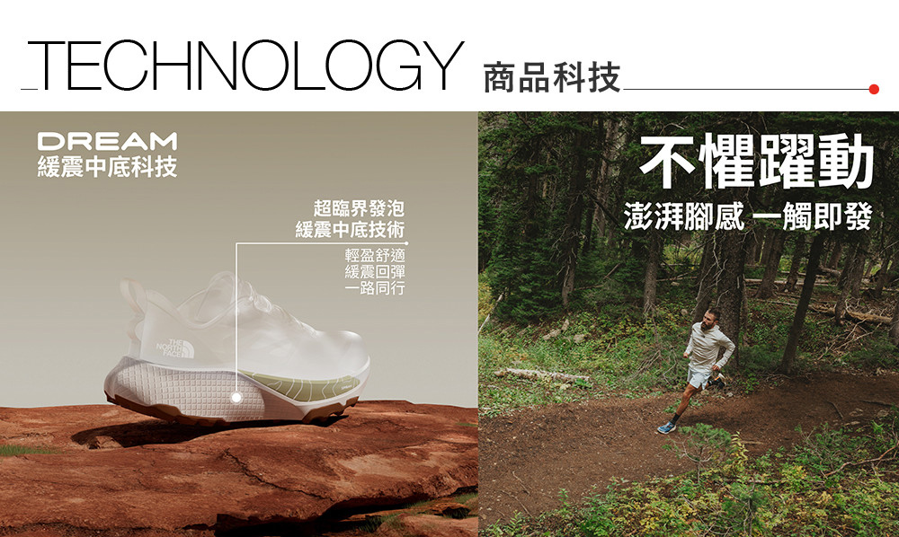 TECHNOLOGY 商品科技DREAM緩震中底科技超臨界發泡緩震中底技術輕盈舒適緩震回彈一路同行不懼躍動澎湃腳感 一觸即發