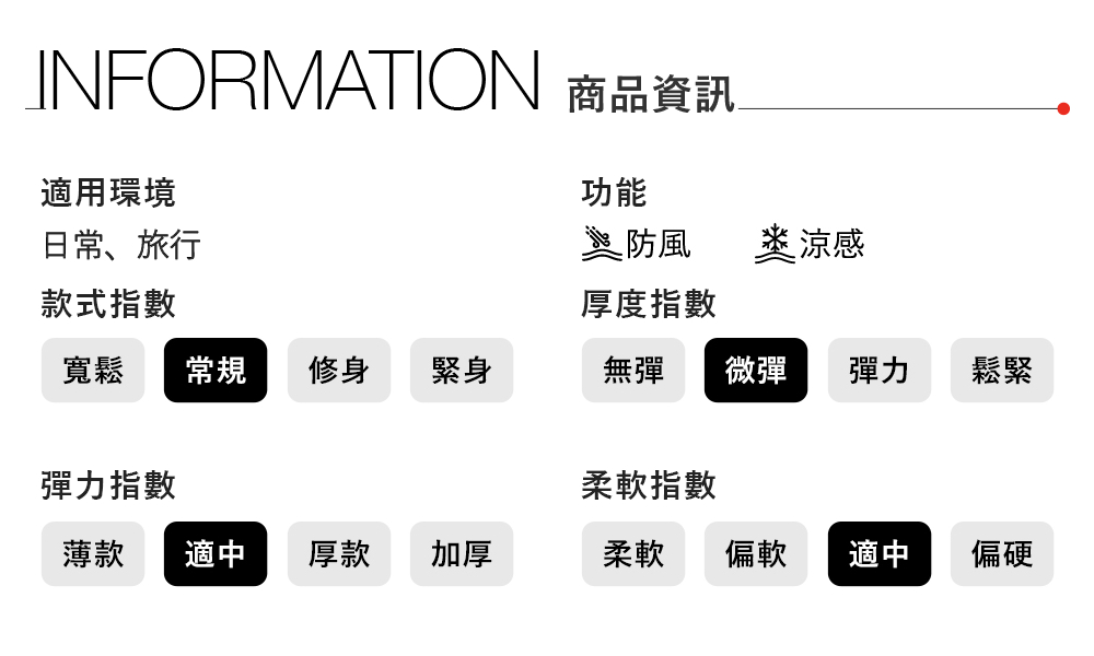 INFORMATION 商品資訊適用環境日常、旅行功能防風涼感款式指數厚度指數寬鬆常規修身緊身無彈 微彈彈力鬆緊彈力指數柔軟指數薄款適中厚款加厚柔軟偏軟適中偏硬