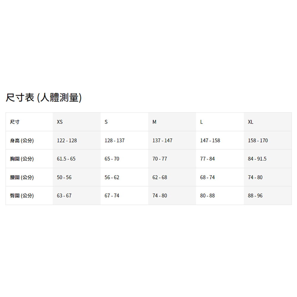 尺寸表(人體測量)尺寸MLXL身高(公分)122-128128-137137-147147 158158-170(公分)61.5-6565-7070-7777-8484-91.5(公分)50-5656-6262-6868-7474-80(公分)63-6767-7474-8080-8888-96