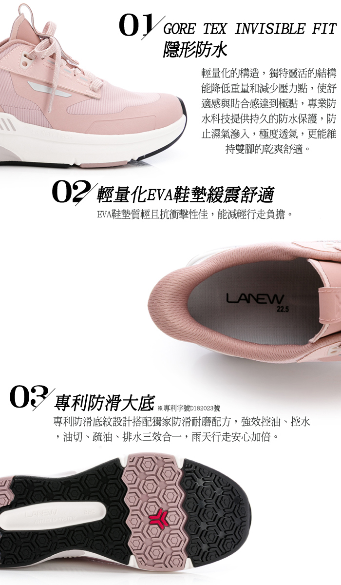 GORE TEX INVISIBLE FIT隱形防水輕量化的構造,獨特靈活的結構能降低重量和減少壓力點,使舒適感與貼合感達到極點,專業防水科技提供持久的防水保護,防止濕氣滲入,極度透氣,更能維持雙腳的乾爽舒適。02 輕量化EVA鞋墊震舒適EVA鞋墊質輕且抗衝擊性佳,能減輕行走負擔。LANEW22.5 專利防滑大底字號號專利防滑底紋設計搭配獨家防滑耐磨配方,控油、控水,油切、疏油、排水三效合一,雨天行走安心加倍。LANEW