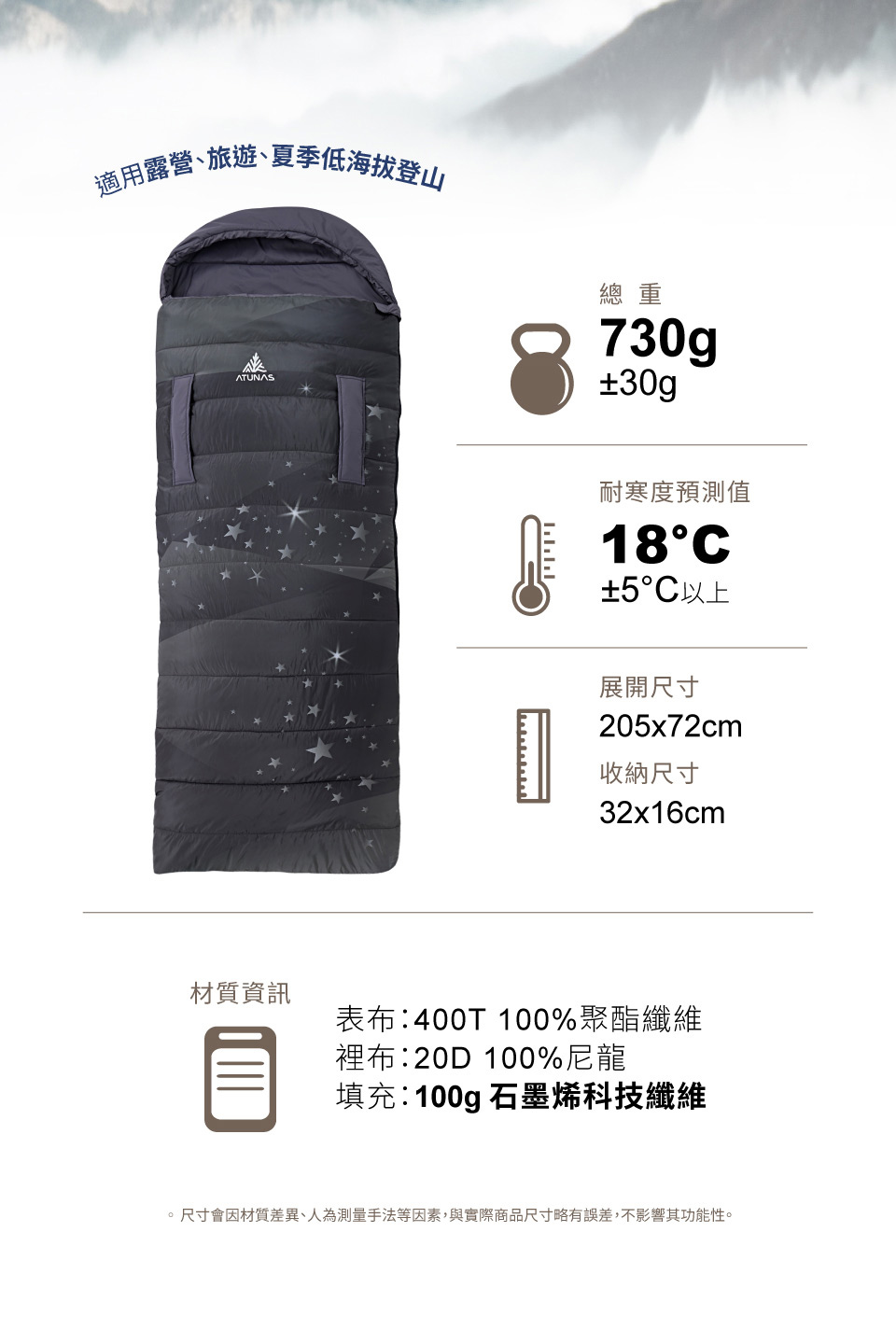 適用露營、旅遊、夏季低海拔登山材質資訊ATUNASויויויו總重730g±30g耐寒度預測值18°C±5°C以上展開尺寸205x72cm收納尺寸32x16cm表布400T 100%聚酯纖維裡布:20D 100%尼龍填充:100g 石墨烯科技纖維。尺寸會因材質差異、人為測量手法等因素,與實際商品尺寸略有誤差,不影響其功能性。