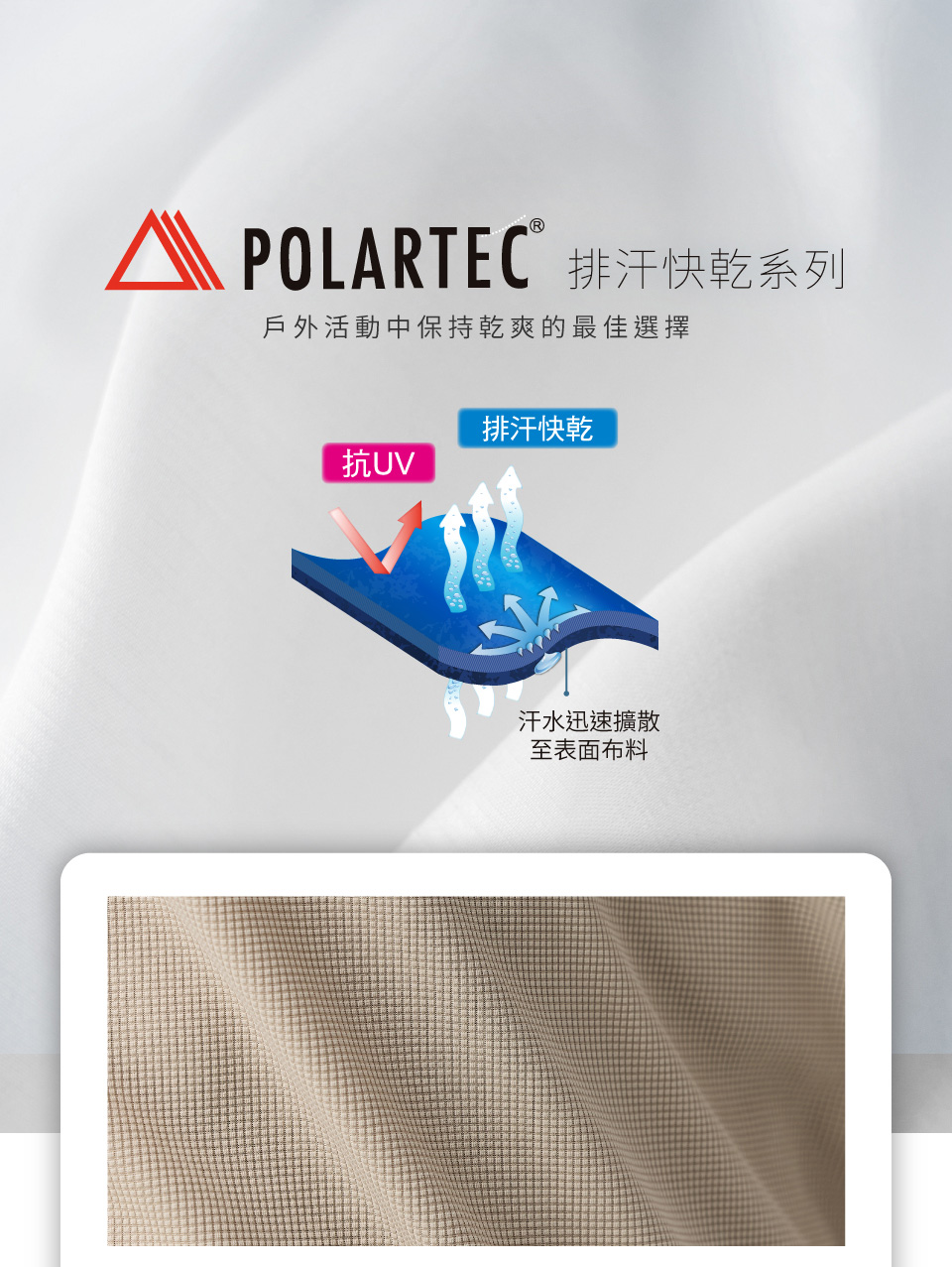 POLARTECⓇ 排汗快乾系列戶外活動中保持乾爽的最佳選擇排汗快乾抗UV汗水迅速擴散至表面布料