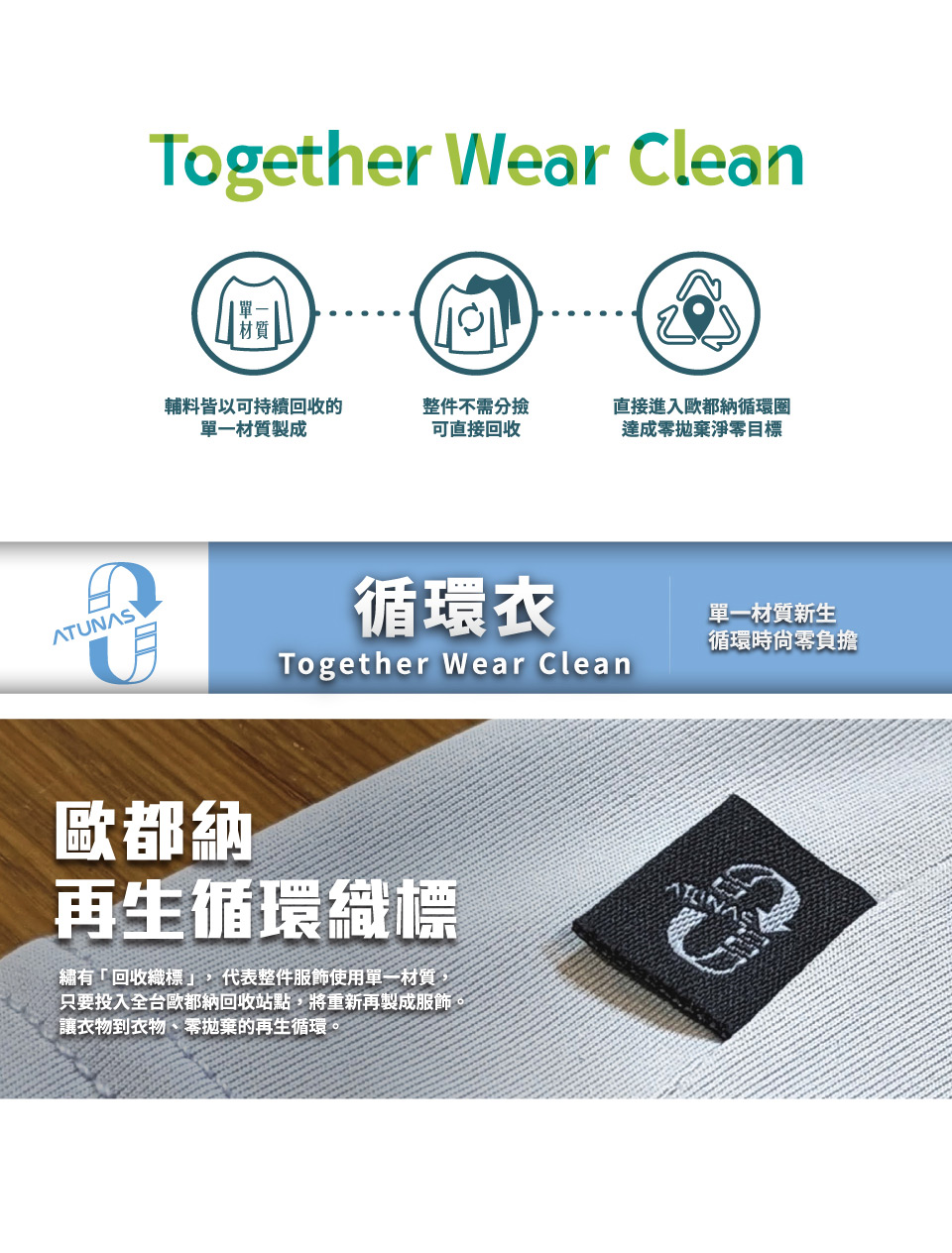 Together Wear Clean輔料皆以可持續回收的單一材質製成整件不需分撿可直接回收直接進入歐都納循環圈達成零拋棄淨零目標ATUNAS歐都納循環衣Together Wear Clean再生循環織標繡有「回收織標」代表整件服飾使用單一材質,只要投入全台歐都納回收站點,將重新再製成服飾,讓衣物到衣物、零拋棄的再生循環,單一材質新生循環時零負擔